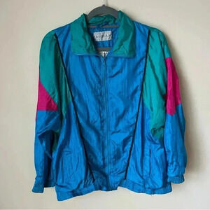 Vintage 80s Color Block Retro Hip Hop Full Zip Windbreaker Jacket Size Medium